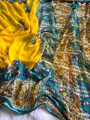  New Printed Georgette Yellow Color Mirror Work Saree With Blouse Set For Women's 3
