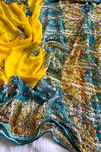  New Printed Georgette Yellow Color Mirror Work Saree With Blouse Set For Women's