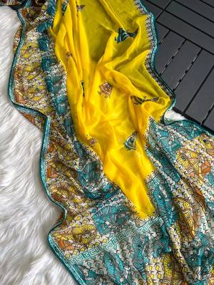  New Printed Georgette Yellow Color Mirror Work Saree With Blouse Set For Women's 4