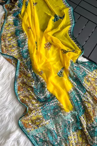  New Printed Georgette Yellow Color Mirror Work Saree With Blouse Set For Women's