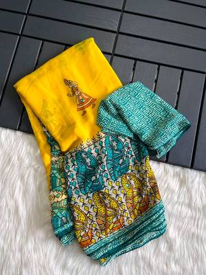  New Printed Georgette Yellow Color Mirror Work Saree With Blouse Set For Women's 5