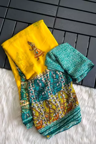  New Printed Georgette Yellow Color Mirror Work Saree With Blouse Set For Women's