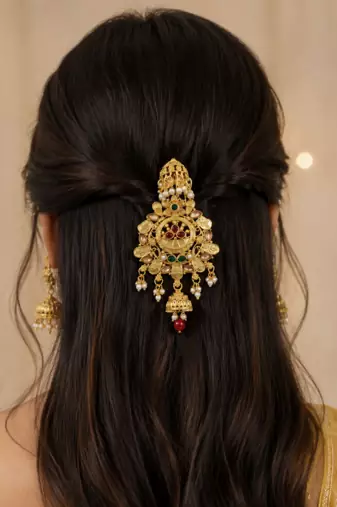 Kundan Gold-plated multicolour jada billai hair brooch bun juda hair pin hair accessories hair jewelry