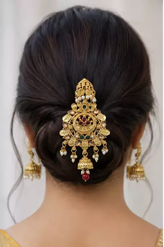 Kundan Gold-plated multicolour jada billai hair brooch bun juda hair pin hair accessories hair jewelry