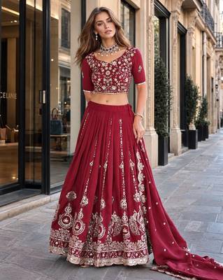 Maroon Silk Semi Stitched Lehenga Choli with Embroidery & Sequence Work 1