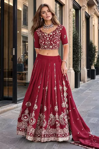 Maroon Silk Semi Stitched Lehenga Choli with Embroidery & Sequence Work