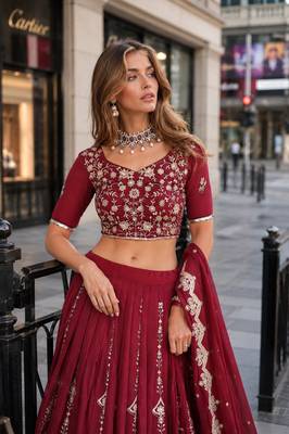 Maroon Silk Semi Stitched Lehenga Choli with Embroidery & Sequence Work 2