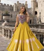Yellow Silk Blend Free Size Stitched Navratri Lehenga Choli with Kutchi Gamthi Work