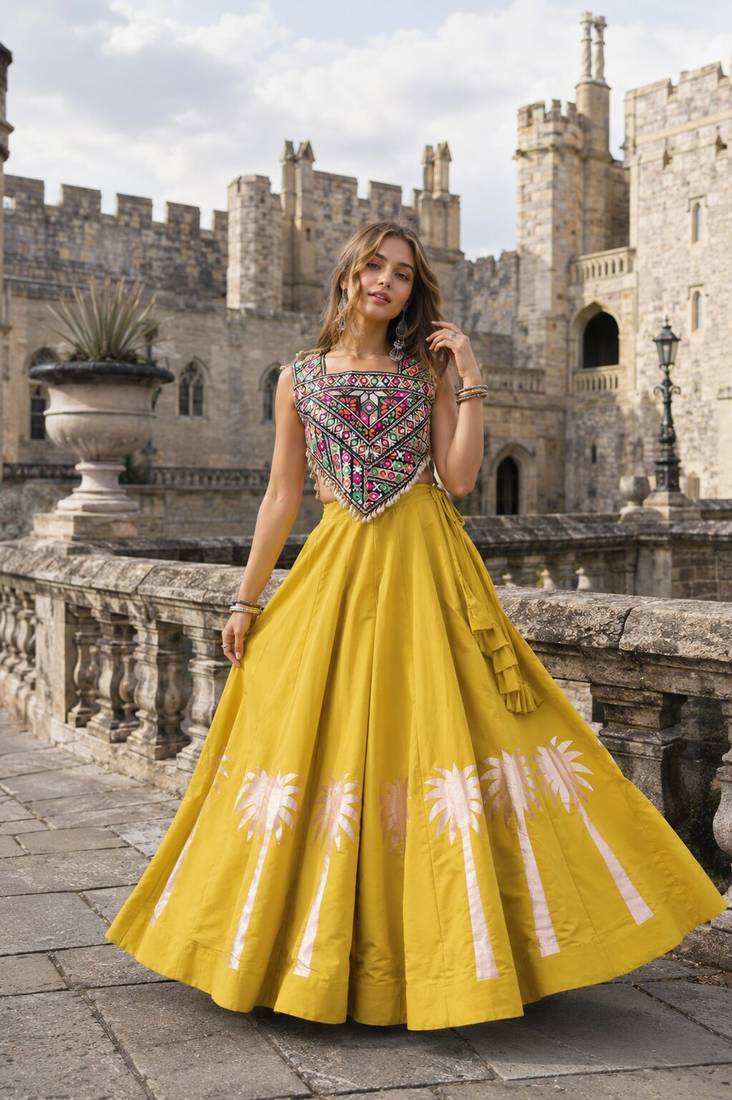 Yellow Silk Blend Free Size Stitched Navratri Lehenga Choli with Kutchi Gamthi Work