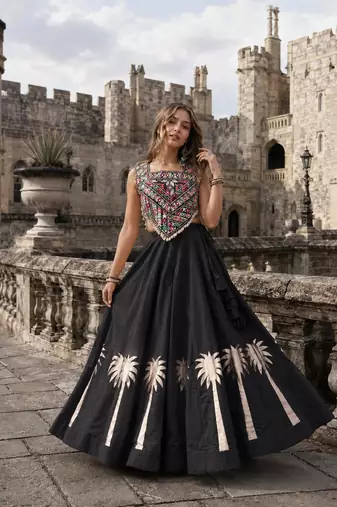 Black Silk Blend Free Size Stitched Navratri Lehenga Choli with Kutchi Gamthi Work