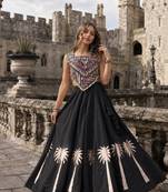Black Silk Blend Free Size Stitched Navratri Lehenga Choli with Kutchi Gamthi Work