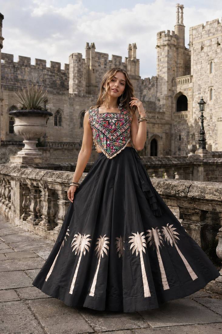 Black Silk Blend Free Size Stitched Navratri Lehenga Choli with Kutchi Gamthi Work