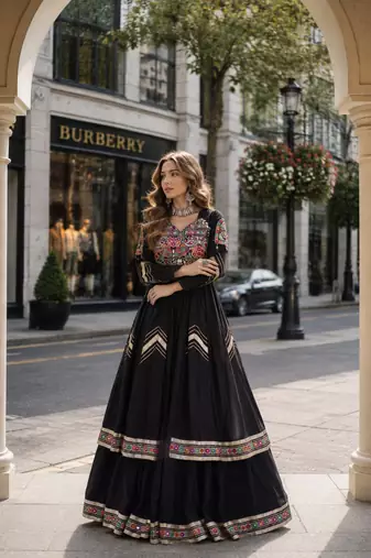 Black Cotton Free Size Stitched Navratri Lehenga Choli with Gamthi Thread & Mirror Work