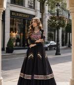 Black Cotton Free Size Stitched Navratri Lehenga Choli with Gamthi Thread & Mirror Work