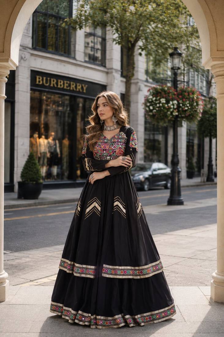 Black Cotton Free Size Stitched Navratri Lehenga Choli with Gamthi Thread & Mirror Work