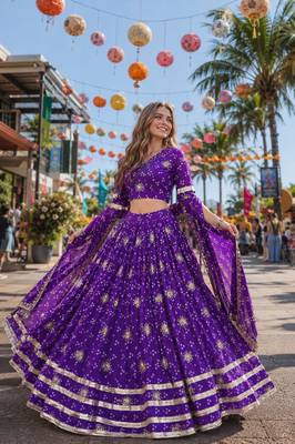Violet Georgette Free Size Stitched Navratri Lehenga Choli with Bandhej & Embroidery Work 1