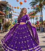 Violet Georgette Free Size Stitched Navratri Lehenga Choli with Bandhej & Embroidery Work