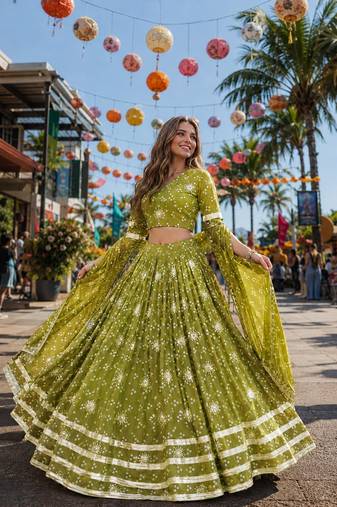 Olive Georgette Free Size Stitched Navratri Lehenga Choli with Bandhej & Embroidery Work