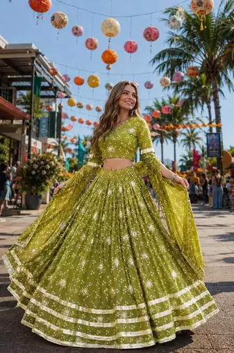 Olive Georgette Free Size Stitched Navratri Lehenga Choli with Bandhej & Embroidery Work