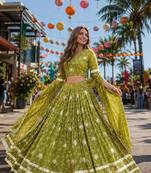 Olive Georgette Free Size Stitched Navratri Lehenga Choli with Bandhej & Embroidery Work