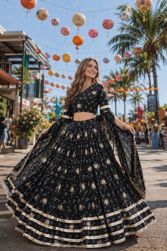 Black Georgette Free Size Stitched Navratri Lehenga Choli with Bandhej & Embroidery Work