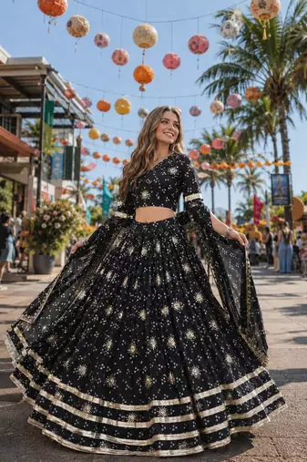 Black Georgette Free Size Stitched Navratri Lehenga Choli with Bandhej & Embroidery Work