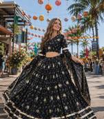 Black Georgette Free Size Stitched Navratri Lehenga Choli with Bandhej & Embroidery Work