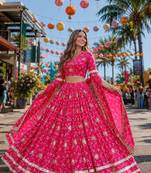 Rani Georgette Free Size Stitched Navratri Lehenga Choli with Bandhej & Embroidery Work