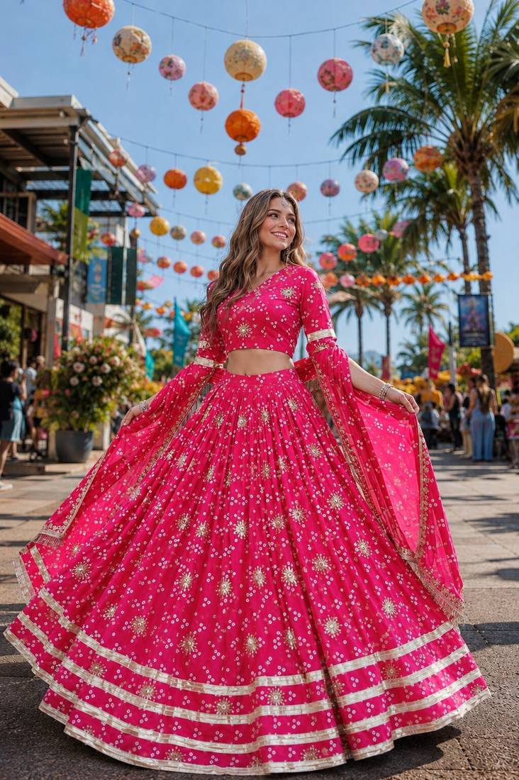 Rani Georgette Free Size Stitched Navratri Lehenga Choli with Bandhej & Embroidery Work
