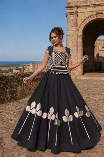 Black Silk Blend Free Size Stitched Navratri Lehenga Choli with Mirror & Gamthi Embroidery Work