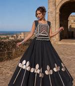 Black Silk Blend Free Size Stitched Navratri Lehenga Choli with Mirror & Gamthi Embroidery Work