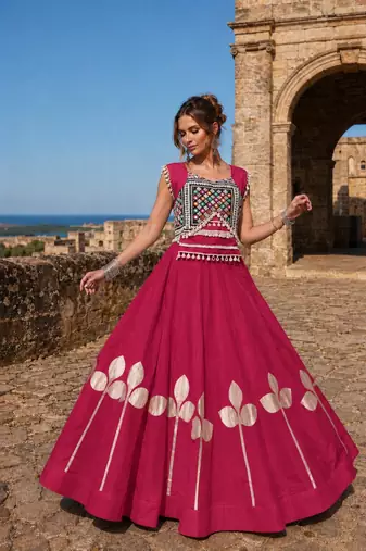 Red Silk Blend Free Size Stitched Navratri Lehenga Choli with Mirror & Gamthi Embroidery Work