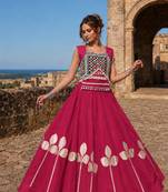 Red Silk Blend Free Size Stitched Navratri Lehenga Choli with Mirror & Gamthi Embroidery Work