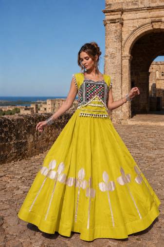 Olive Silk Blend Free Size Stitched Navratri Lehenga Choli with Mirror & Gamthi Embroidery Work