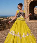 Olive Silk Blend Free Size Stitched Navratri Lehenga Choli with Mirror & Gamthi Embroidery Work