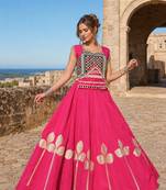 Rani Silk Blend Free Size Stitched Navratri Lehenga Choli with Mirror & Gamthi Embroidery Work