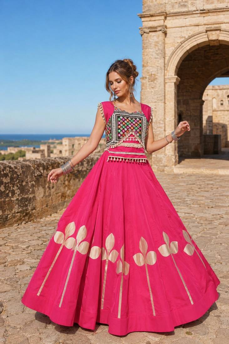 Rani Silk Blend Free Size Stitched Navratri Lehenga Choli with Mirror & Gamthi Embroidery Work