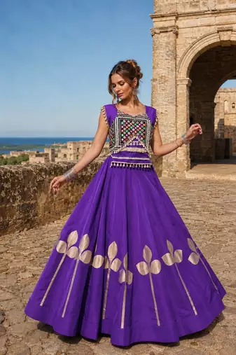 Violet Silk Blend Free Size Stitched Navratri Lehenga Choli with Mirror & Gamthi Embroidery Work