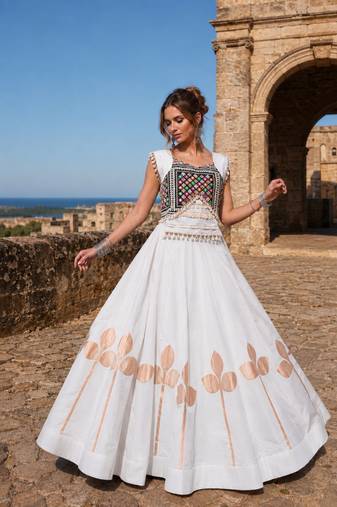 White Silk Blend Free Size Stitched Navratri Lehenga Choli with Mirror & Gamthi Embroidery Work