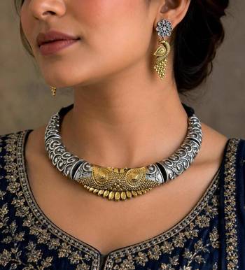 Dual tone Rajasthani Tribal Hasuli necklace set with earrings, Indian Oxidised torque jewelry 1