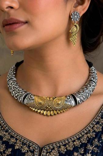 Dual tone Rajasthani Tribal Hasuli necklace set with earrings, Indian Oxidised torque jewelry
