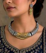 Dual tone Rajasthani Tribal Hasuli necklace set with earrings, Indian Oxidised torque jewelry