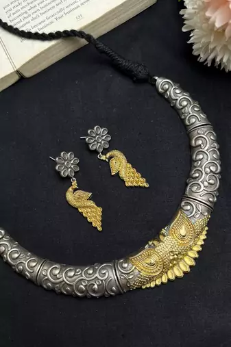 Dual tone Rajasthani Tribal Hasuli necklace set with earrings, Indian Oxidised torque jewelry