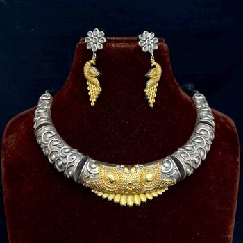 Dual tone Rajasthani Tribal Hasuli necklace set with earrings, Indian Oxidised torque jewelry 3