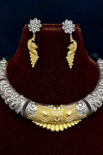 Dual tone Rajasthani Tribal Hasuli necklace set with earrings, Indian Oxidised torque jewelry