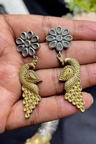 Dual tone Rajasthani Tribal Hasuli necklace set with earrings, Indian Oxidised torque jewelry