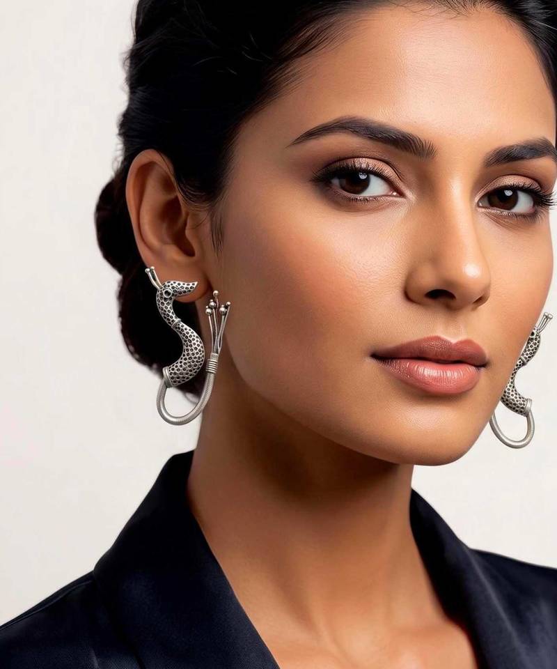 Peacock Hoop Earrings, unique Oxidized Silver Bird Earrings, Statement Boho Earrings