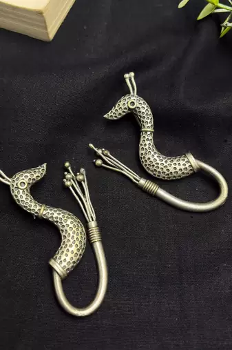 Peacock Hoop Earrings, unique Oxidized Silver Bird Earrings, Statement Boho Earrings