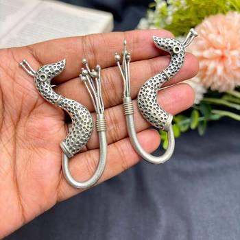 Peacock Hoop Earrings, unique Oxidized Silver Bird Earrings, Statement Boho Earrings 3