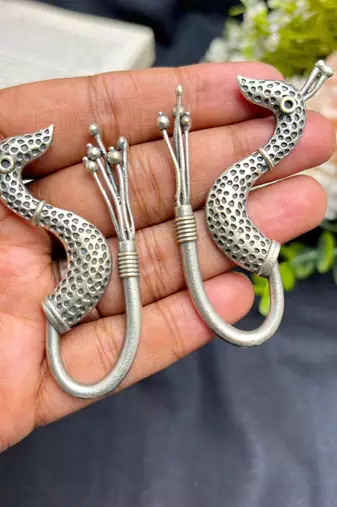 Peacock Hoop Earrings, unique Oxidized Silver Bird Earrings, Statement Boho Earrings
